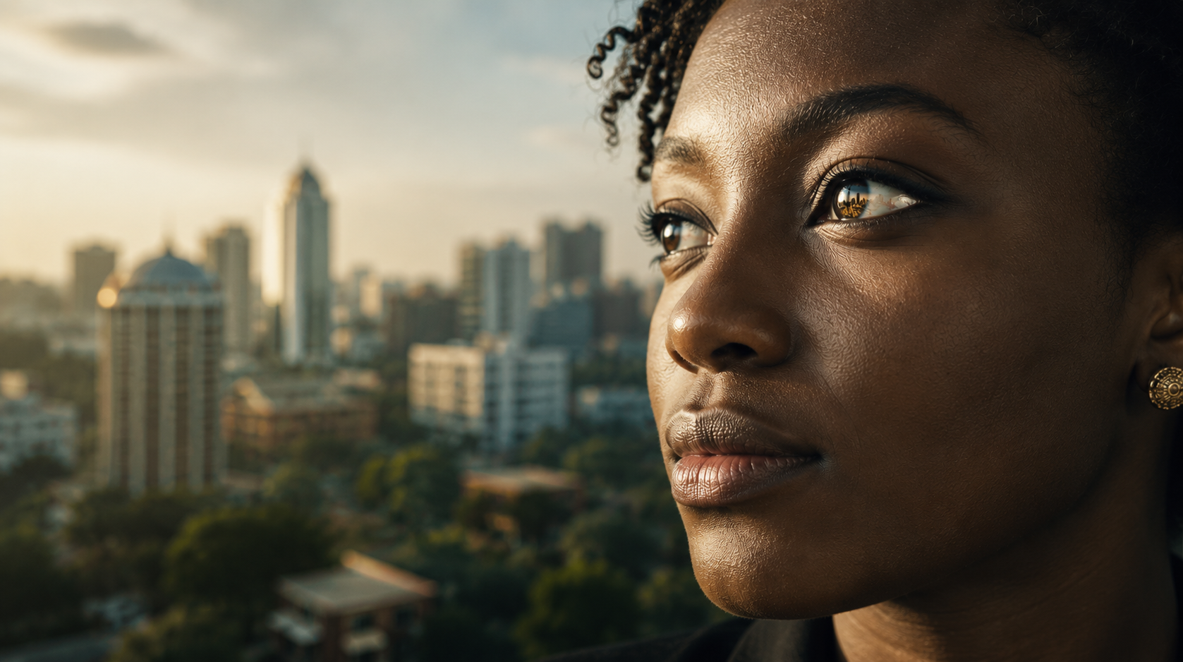 A young professional looking out over a city skyline